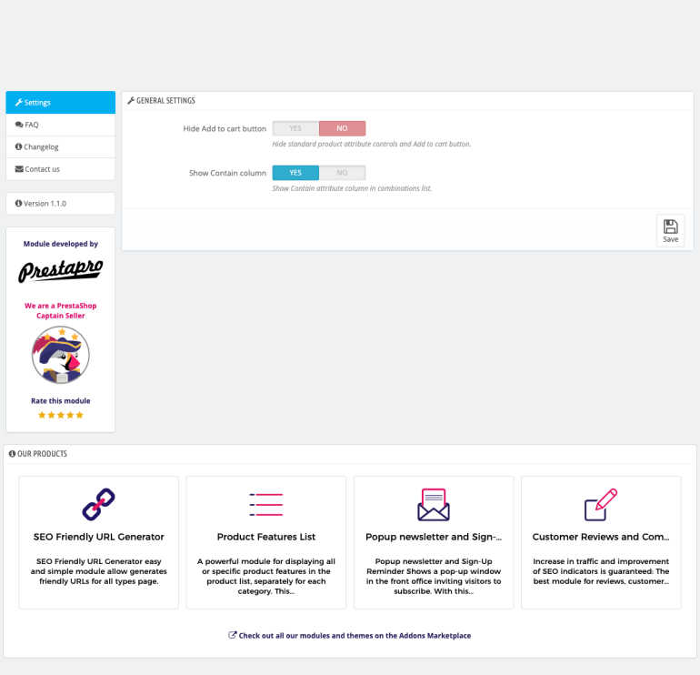 Модуль PrestaShop Палитра в Виде Таблицы