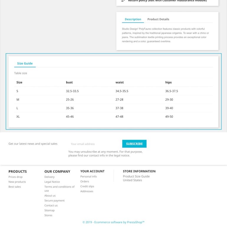 Модуль PrestaShop Таблица Размеров