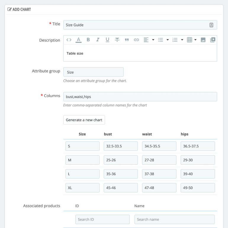 Module PrestaShop Products Size chart guide