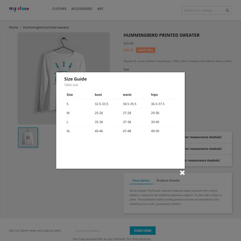 Module PrestaShop Products Size chart guide