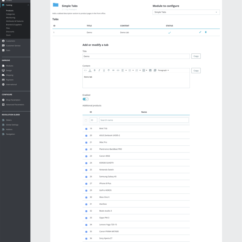 Модуль Табов для PrestaShop
